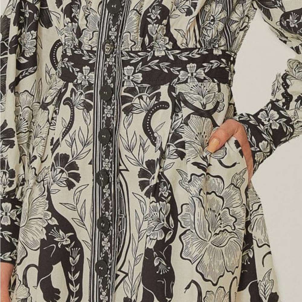 FARM Rio Off-White Flower Leopards Collared Midi Dress Size M